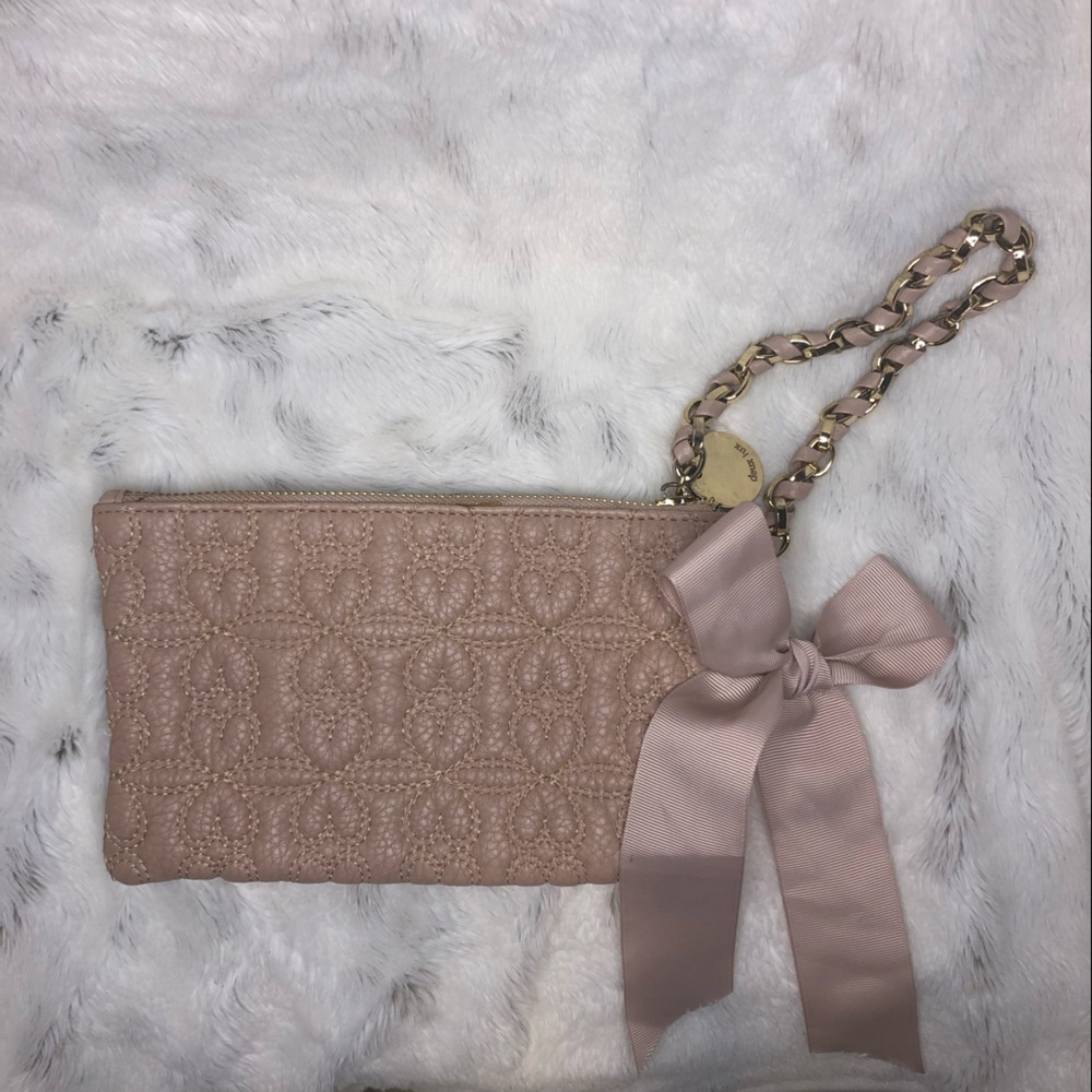Deux Lux Soft Pink Quilted Clutch with Gold Strap, Bow Detail and Teal Lining